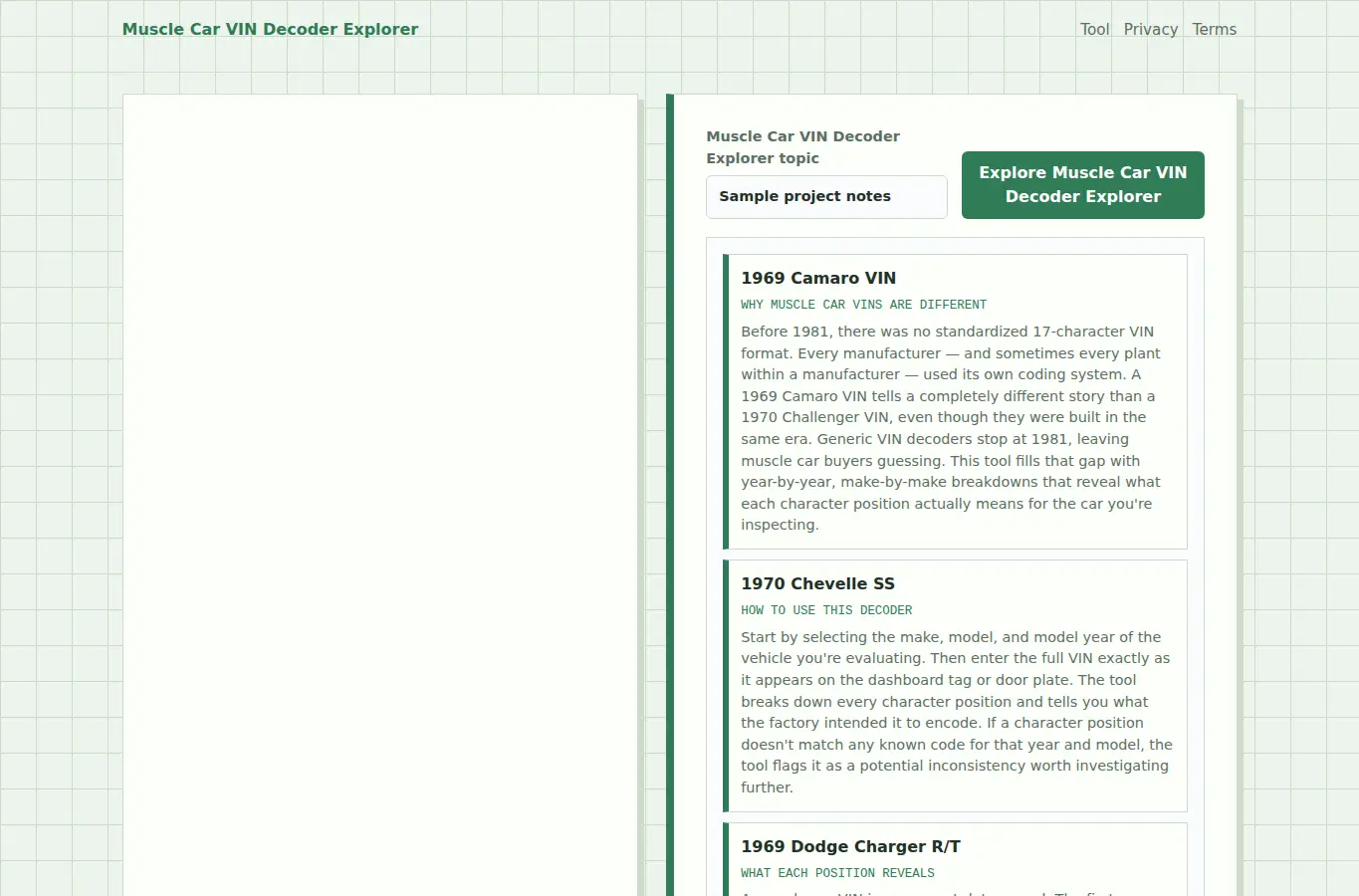 Screenshot of Muscle Car VIN Decoder Explorer interface showing the project page in use